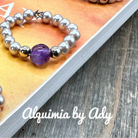 pearls beaded handmade ring dainty band/bohemian/lolita amethyst - Picture 2 of 6